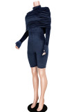 Navy Blue Sexy Party Flocking Solid Fold Turtleneck Skinny Rompers