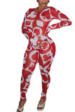 Red Fashion Sexy Print Patchwork Perspektive Mesh Langarm O Neck Jumpsuits