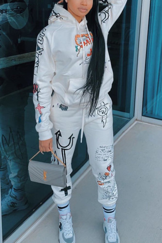 White Casual Letter Print Hooded Collar Long Sleeve Sweatshirt And Skinny Pants Two Pieces Jogger Sets
