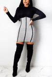 Black Casual Elegant Spandex Pit Article Fabrics Striped Patchwork Solid Patchwork Basic O Neck Long Sleeve Mini A Line Dresses