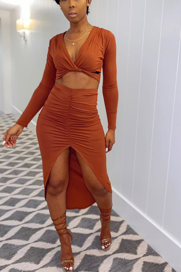 Tangerine Fashion Solid Hollowed Out Slit V Neck Long Sleeve Regular Sleeve Short Two Pieces