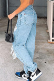Jeans reto azul sexy rasgado manga longa