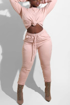 Calças pulôveres estilo casual cor-de-rosa, moda casual, manga comprida, básica, manga comprida, regular, duas peças