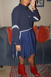 Синий модный повседневный пэчворк из ПВХ, однотонный пэчворк с пряжкой и пуговицами, воротник рубашки с длинным рукавом, прямые платья до колена