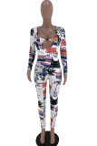 multicolor Fashion Sweet Adult Print Hollowed Out V Neck Skinny Jumpsuits