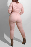 Розовые модные повседневные однотонные пуловеры с завязками и уздечками, брюки, базовые, с круглым вырезом, с длинным рукавом, с длинным рукавом, с обычными рукавами, из двух частей