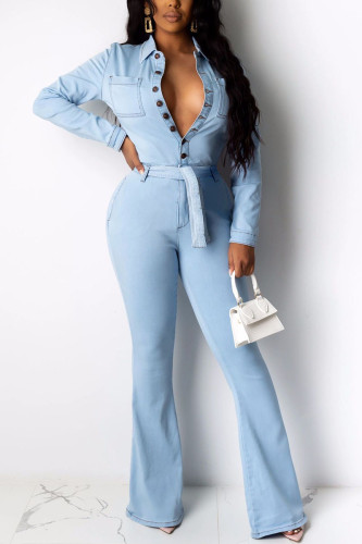 Bébé bleu mode décontracté solide faire vieux poche boucle métal accessoires décoration pantalon avec ceinture col de chemise à manches longues botte coupe denim