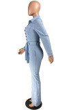 Baby Blue Fashion Casual Solid Make Old Pocket Hebilla Accesorios de metal Pantalones de decoración con cinturón Cuello de camisa Manga larga Boot Cut Denim