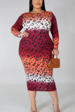 Red Fashion British Style Adult Print Patchwork O Neck Printed Dress Plus Size 