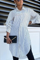 White Elegant Polyester Striped Fold Turndown Collar Outerwear