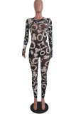 Black Fashion Sexy Print Patchwork perspective Mesh manches longues O Neck Jumpsuits