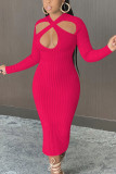 Pink Fashion Daily Adult Solid Hollowed Out O Neck Long Sleeve Mid Calf Pencil Skirt Dresses