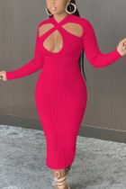 rose red Fashion Daily Adult Polyester Solid Hollowed Out O Neck Long Sleeve Mid Calf Pencil Skirt Dresses