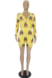 Yellow Fashion Adult Living Print Letter V Neck Skinny Rompers