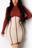 Brown Casual Elegant Spandex Pit Article Fabrics Striped Patchwork Solid Patchwork Basic O Neck Long Sleeve Mini A Line Dresses