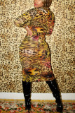 Желтый сексуальный повседневный элегантный спандекс молочного волокна с леопардовым принтом базовая водолазка с длинным рукавом длиной до колена юбка-карандаш платья
