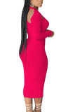 Розово-красная модная повседневная однотонная юбка-карандаш до середины икры для взрослых с круглым вырезом и длинными рукавами