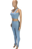 Light Blue Fashion Sexy adult Ma'am Patchwork Solid Two Piece Suits pencil Sleeveless Two Pieces