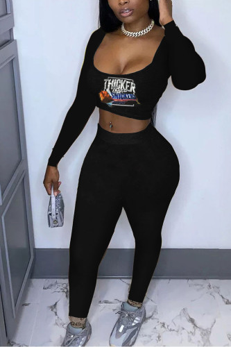 Black Fashion Casual Adult Print Patchwork Square Collar Long Sleeve Regular Sleeve Short Two Pieces
