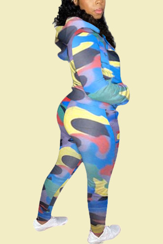 Sky Blue Casual Plaid Print Camouflage Print Butterfly Print Pocket Pants Hooded Collar Long Sleeve Regular Sleeve Regular Two Pieces