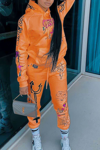 Orange Casual Letter Print Hooded Collar Long Sleeve Sweatshirt And Skinny Pants Two Pieces Jogger Sets