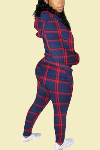 Red and blue Casual Plaid Print Camouflage Print Butterfly Print Pocket Pants Hooded Collar Long Sleeve Regular Sleeve Regular Two Pieces