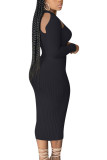 Navy Blue Fashion Daily Adult Solid Hollowed Out O Neck Long Sleeve Mid Calf Pencil Skirt Dresses
