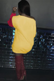 Vestidos de manga comprida amarelo estampado casual patchwork gola O