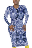 Blue British Style Print O Neck Long Sleeve Mid Calf Pencil Skirt Dresses