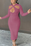 Pink Fashion Daily Adult Solid Hollowed Out O Neck Long Sleeve Mid Calf Pencil Skirt Dresses