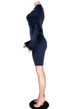 Navy Blue Sexy Party Flocking Solid Fold Turtleneck Skinny Rompers