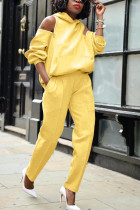 Желтый модный повседневный однотонный воротник с капюшоном и открытой спиной для взрослых, длинный рукав, с открытыми плечами, две штуки