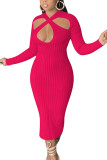 rose red Fashion Daily Adult Solid Hollowed Out O Neck Long Sleeve Mid Calf Pencil Skirt Dresses