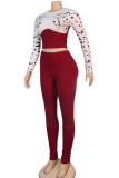 Red Fashion Casual Pit Article Fabrics Patchwork Animal Print Leopard Patchwork Pullovers Pants Basic O Neck Long Sleeve Regular Sleeve Short Two Pieces