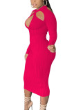 rose red Fashion Daily Adult Solid Hollowed Out O Neck Long Sleeve Mid Calf Pencil Skirt Dresses
