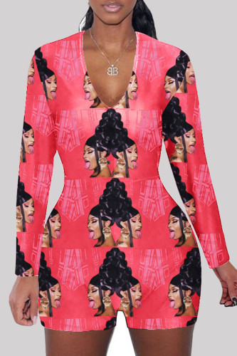 Deep red Fashion Adult Living Print Letter V Neck Skinny Rompers