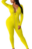 黄色のセクシーなミルクファイバーソリッド包帯チェーンVネックスキニージャンプスーツ