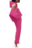 Rosa Moda Casual Adulto Solido Backless Colletto con cappuccio Manica lunga al largo della spalla Due pezzi