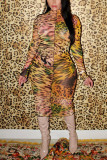 Желтый сексуальный повседневный элегантный спандекс молочного волокна с леопардовым принтом базовая водолазка с длинным рукавом длиной до колена юбка-карандаш платья