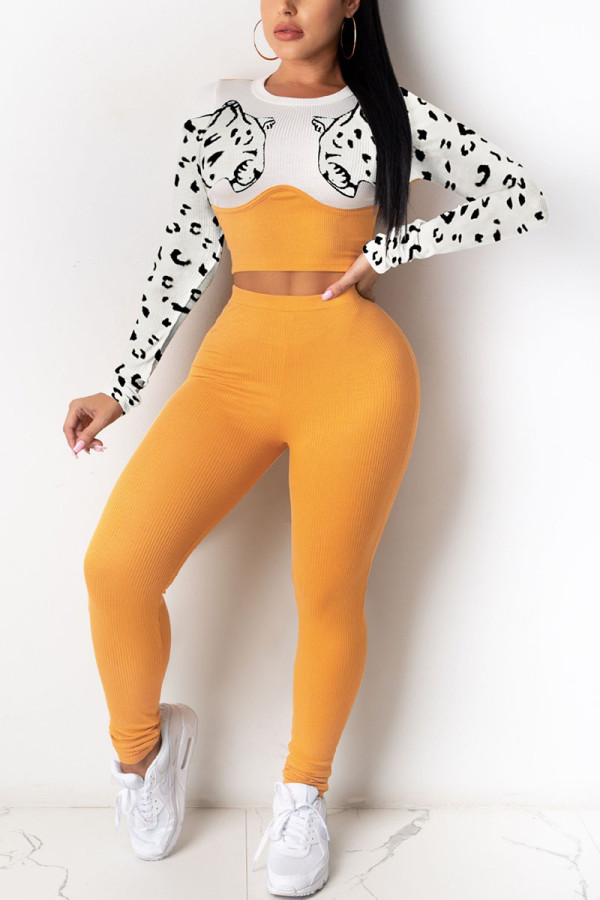 Yellow Fashion Casual Pit Article Fabrics Patchwork Animal Print Leopard Patchwork Pullovers Pants Basic O Neck Long Sleeve Regular Sleeve Short Two Pieces