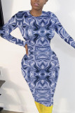 Blue British Style Print O Neck Long Sleeve Mid Calf Pencil Skirt Dresses