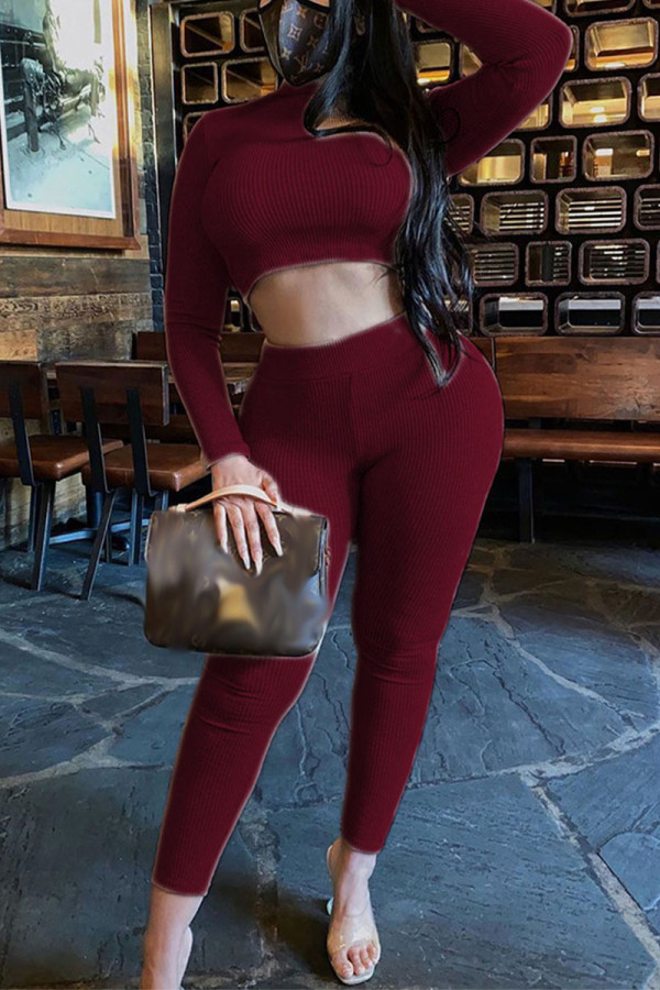 Wine Red Sexy Solid O Neck Long Sleeve Regular Sleeve Short Two Pieces