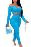 Blue Fashion Sexy Adult Solid Fold Bateau Neck Long Sleeve Off The Shoulder Short Two Pieces