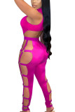 rose red Sexy Solid Bandage Hollowed Out Skinny Jumpsuits