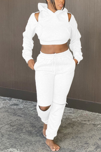 White Casual Sportswear Pierced Ripped Hollowed Out Draw String Frenulum Pullovers Hooded Collar Long Sleeve Sweatshirt And Pants Two Pieces Jogger Sets