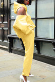 Yellow Fashion Casual Adult Solid Backless Hooded Collar Long Sleeve Off The Shoulder Two Pieces