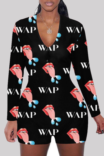 Black Fashion Adult Living Print Letter V Neck Skinny Rompers