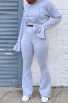 Moda gris Sexy Casual Street Solid Draw String Flounce Collar con capucha Dos piezas