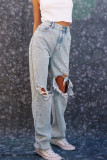 Baby Blue Sexy Solid Long Sleeve Mid Waist Straight Ripped Denim Jeans
