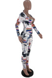 multicolor Fashion Sweet Adult Print Hollowed Out V Neck Skinny Jumpsuits